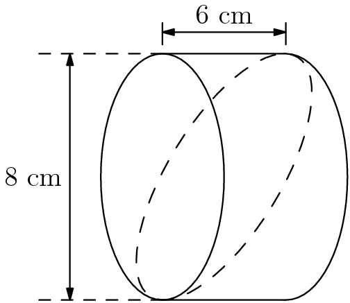 [asy] defaultpen(linewidth(0.65)); real d=90-63.43494882; draw(ellipse((origin), 2, 4)); fill((0,4)--(0,-4)--(-8,-4)--(-8,4)--cycle, white); draw(ellipse((-4,0), 2, 4)); draw((0,4)--(-4,4)); draw((0,-4)--(-4,-4)); draw(shift(-2,0)*rotate(-d-5)*ellipse(origin, 1.82, 4.56), linetype("10 10")); draw((-4,4)--(-8,4), dashed); draw((-4,-4)--(-8,-4), dashed); draw((-4,4.3)--(-4,5)); draw((0,4.3)--(0,5)); draw((-7,4)--(-7,-4), Arrows(5)); draw((-4,4.7)--(0,4.7), Arrows(5)); label("$8$ cm", (-7,0), W); label("$6$ cm", (-2,4.7), N);[/asy]