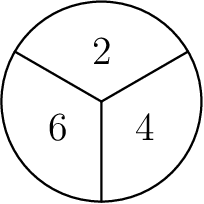 [asy] unitsize(30); draw(unitcircle); draw((0,0)--(0,-1)); draw((0,0)--(cos(pi/6),sin(pi/6))); draw((0,0)--(-cos(pi/6),sin(pi/6))); label("$2$",(0,.5)); label("$4$",((cos(pi/6))/2,(-sin(pi/6))/2)); label("$6$",(-(cos(pi/6))/2,(-sin(pi/6))/2));[/asy]