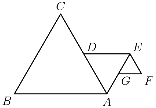 [asy] pair A,B,C,D,EE,F,G; A = (4,0); B = (0,0); C = (2,2*sqrt(3)); D = (3,sqrt(3)); EE = (5,sqrt(3)); F = (5.5,sqrt(3)/2); G = (4.5,sqrt(3)/2); draw(A--B--C--cycle); draw(D--EE--A); draw(EE--F--G); label("$A$",A,S); label("$B$",B,SW); label("$C$",C,N); label("$D$",D,NE); label("$E$",EE,NE); label("$F$",F,SE); label("$G$",G,SE); [/asy]