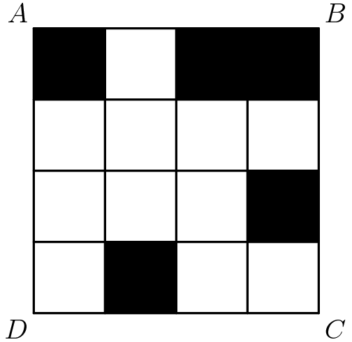 [asy]defaultpen(linewidth(1)); for ( int x = 0; x < 5; ++x ) { draw((0,x)--(4,x)); draw((x,0)--(x,4)); } fill((1,0)--(2,0)--(2,1)--(1,1)--cycle); fill((0,3)--(1,3)--(1,4)--(0,4)--cycle); fill((2,3)--(4,3)--(4,4)--(2,4)--cycle); fill((3,1)--(4,1)--(4,2)--(3,2)--cycle); label("$A$", (0, 4), NW); label("$B$", (4, 4), NE); label("$C$", (4, 0), SE); label("$D$", (0, 0), SW);[/asy]