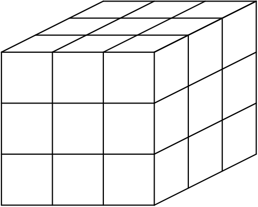[asy] size(150); defaultpen(linewidth(0.7)); pair slant = (2,1); for(int i = 0; i < 4; ++i) draw((0,i)--(3,i)^^(i,0)--(i,3)^^(3,i)--(3,i)+slant^^(i,3)--(i,3)+slant); for(int i = 1; i < 4; ++i) draw((0,3)+slant*i/3--(3,3)+slant*i/3^^(3,0)+slant*i/3--(3,3)+slant*i/3); [/asy]