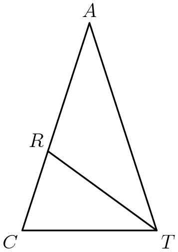 [asy] pair A,C,T,R; C = (0,0); T = (2,0); A = (1,sqrt(5+sqrt(20))); R = (3/2 - sqrt(5)/2,1.175570); draw(C--A--T--cycle); draw(T--R); label("$A$",A,N); label("$T$",T,SE); label("$C$",C,SW); label("$R$",R,NW); [/asy]