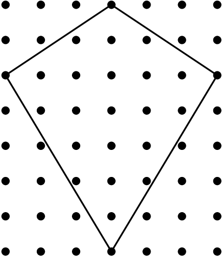 [asy] for (int a = 0; a < 7; ++a) { for (int b = 0; b < 8; ++b) { dot((a,b)); } } draw((3,0)--(0,5)--(3,7)--(6,5)--cycle); [/asy]