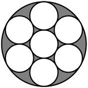 [asy] unitsize(.3cm); path c=Circle((0,2),1); filldraw(Circle((0,0),3),grey,black); filldraw(Circle((0,0),1),white,black); filldraw(c,white,black); filldraw(rotate(60)*c,white,black); filldraw(rotate(120)*c,white,black); filldraw(rotate(180)*c,white,black); filldraw(rotate(240)*c,white,black); filldraw(rotate(300)*c,white,black); [/asy]