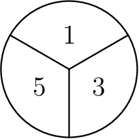 [asy] unitsize(30); draw(unitcircle); draw((0,0)--(0,-1)); draw((0,0)--(cos(pi/6),sin(pi/6))); draw((0,0)--(-cos(pi/6),sin(pi/6))); label("$1$",(0,.5)); label("$3$",((cos(pi/6))/2,(-sin(pi/6))/2)); label("$5$",(-(cos(pi/6))/2,(-sin(pi/6))/2));[/asy]