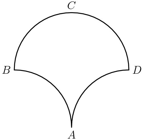[asy] pair A,B,C,D; A = (0,0); B = (-5,5); C = (0,10); D = (5,5); draw(arc((-5,0),A,B,CCW)); draw(arc((0,5),B,D,CW)); draw(arc((5,0),D,A,CCW)); label("$A$",A,S); label("$B$",B,W); label("$C$",C,N); label("$D$",D,E); [/asy]