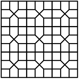 [asy] unitsize(3mm); defaultpen(linewidth(0.8pt)); path p1=(0,0)--(3,0)--(3,3)--(0,3)--(0,0); path p2=(0,1)--(1,1)--(1,0); path p3=(2,0)--(2,1)--(3,1); path p4=(3,2)--(2,2)--(2,3); path p5=(1,3)--(1,2)--(0,2); path p6=(1,1)--(2,2); path p7=(2,1)--(1,2); path[] p=p1^^p2^^p3^^p4^^p5^^p6^^p7; for(int i=0; i<3; ++i) { for(int j=0; j<3; ++j) { draw(shift(3*i,3*j)*p); } }[/asy]